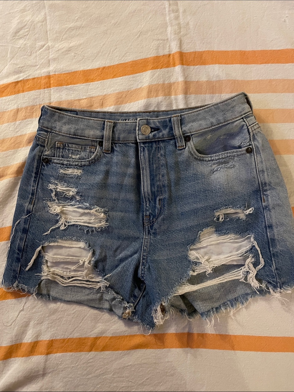 American Eagle Distressed High-Rise Denim Mom Shorts - Blue